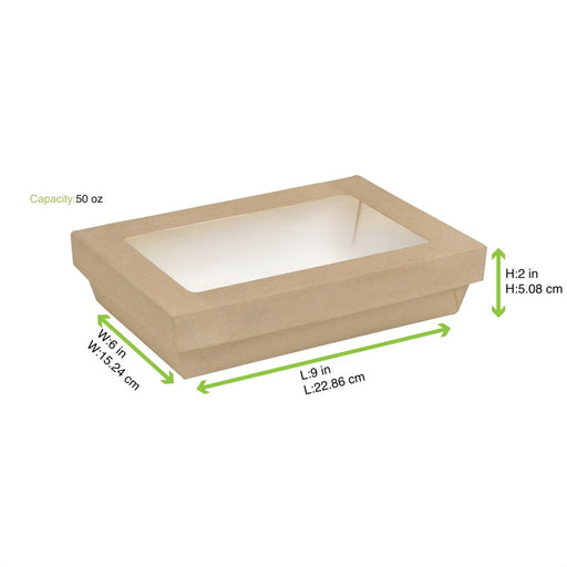 Boîte "Kray" rectangulaire carton brun avec couvercle à fenêtre 225x155mm H53mm 1500ml