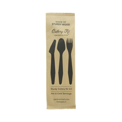 Hercule Kit couverts bois 3 / 1: couteau fourchette cuillère emballage kraft H185mm