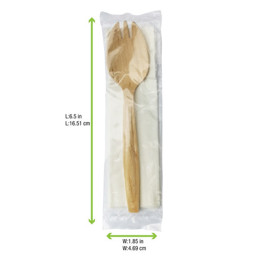 Kit couverts bois 2/1: fourchette-cuillère serviette, emballage transparent H147mm