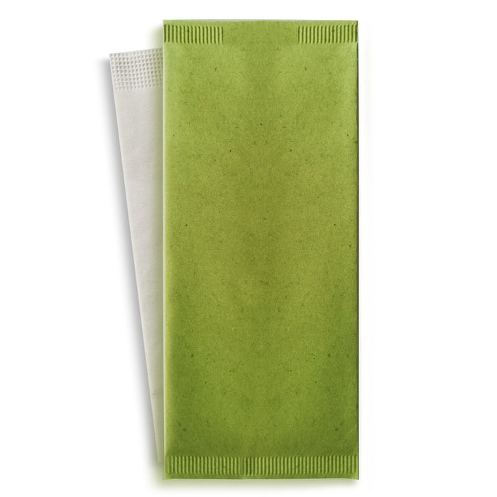 Pochette papier vert pour couverts avec serviette blanche 110x250mm