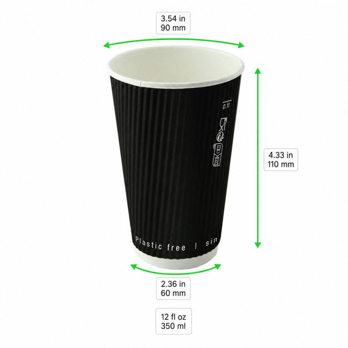 Gobelet Rippley en carton kraft ondulé noir à double paroi sans plastique, Waterbased H110mm 350ml