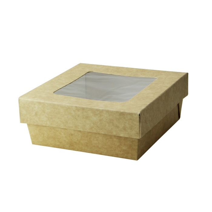 Boite "Kray" carrée carton brun avec couvercle à fenêtre 135x135mm H50mm 700ml