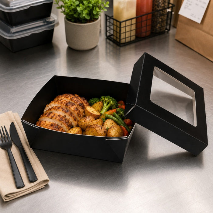 Boîte "Kray" carrée carton noir avec couvercle à fenêtre 155x155mm H50mm 950ml