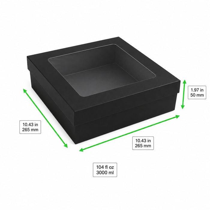 Boîte "Kray" carrée carton noir avec couvercle à fenêtre 265x265mm H50mm 3000ml