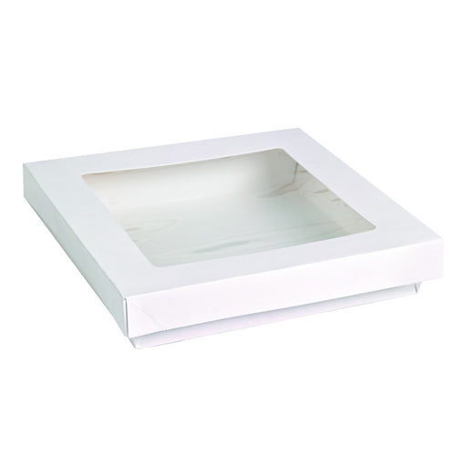 Boite "Kray" carrée carton blanc avec couvercle à fenêtre en PLA 155x155mm H50mm 900ml
