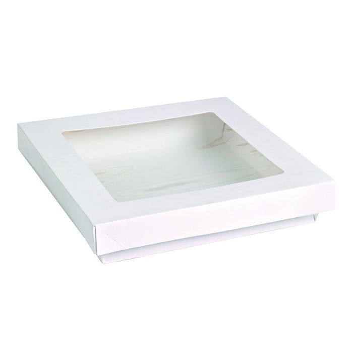 Boite "Kray" carrée carton blanc avec couvercle à fenêtre en PLA 155x155mm H50mm 900ml