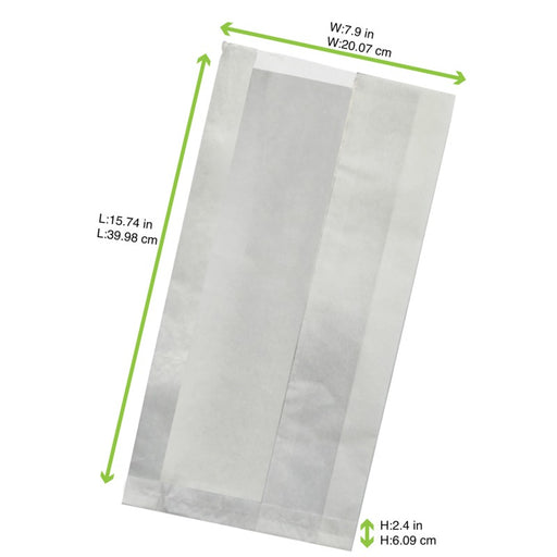 Sac sandwich blanc ingraissable en papier kraft à fenêtre cristal et 4 cm de soufflet 200x60mm H400mm