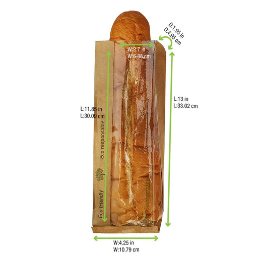 Sac sandwich papier brun à fenêtre en PLA 110x40mm H320mm