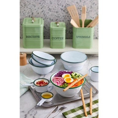 Mini casserole blanche en acier émaillé à bord vert H29mm 50ml