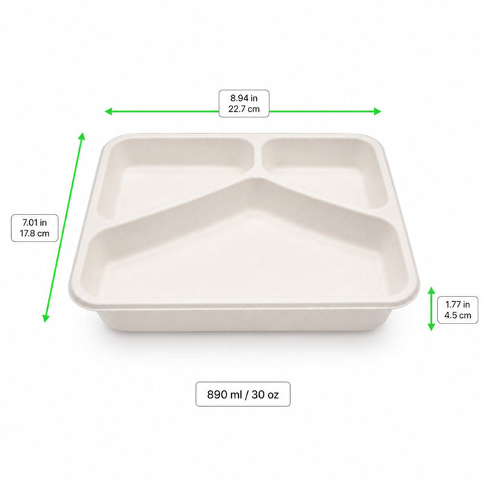 Barquette scellable blanche en pulpe de canne avec 3 compartiments 227x178mm H45mm 890ml