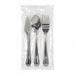 Kit couverts Noxcut en inox 4/1: couteau fourchette cuillère à soupe et serviette, emballage papier 230x60mm H25mm