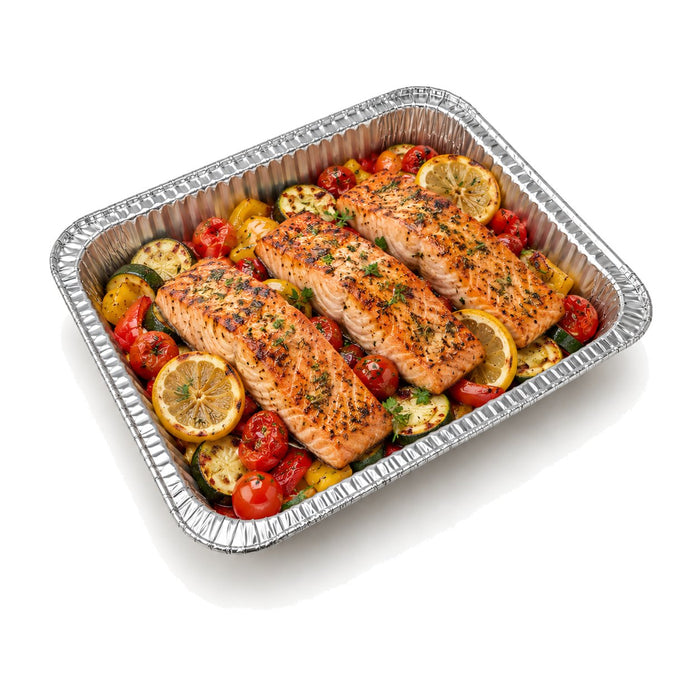 Barquette rectangulaire en aluminium gastronorme 1/2 - 2100 ml - 32 cm x 26 cm x 4,4 cm - en situation