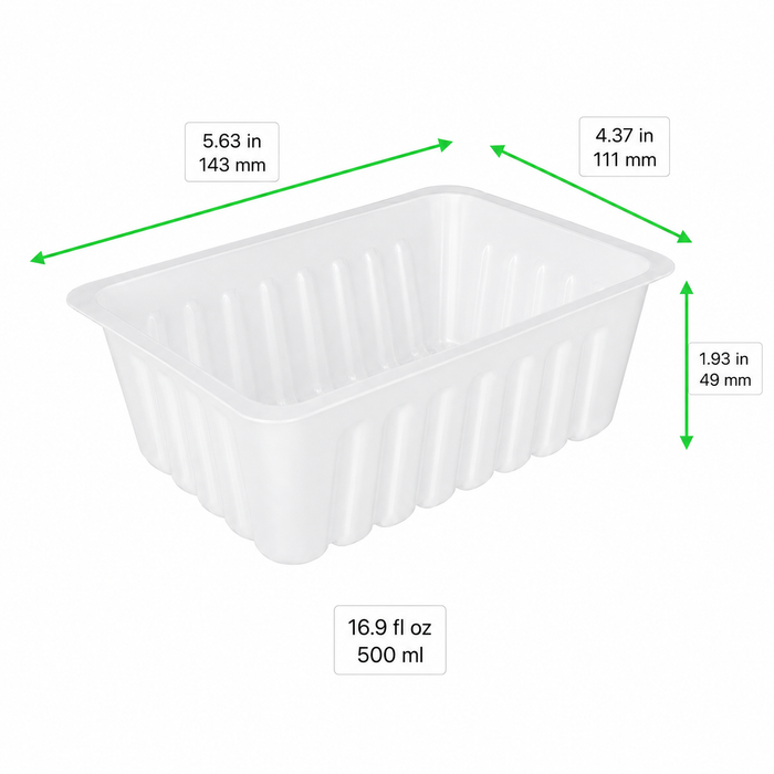 Barquette charcutière rectangulaire en plastique PS translucide pour préparation froide - 500 ml - 14,3 cm x 11,1 cm x 4,9 cm - 250 unités