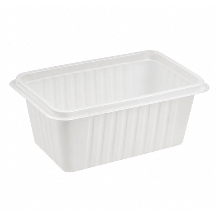 Barquette rectangulaire blanche en PP micro-ondable et scellable - 1800 ml - 19,2 cm x 13,7 cm x 10 cm - 100 unités