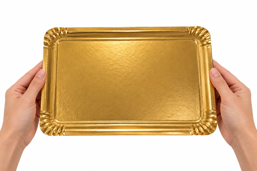 Plateau carton double face noir intérieur/or extérieur - 28 cm x 19 cm - 25 unités