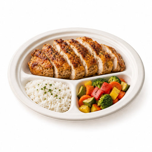 Assiette ronde blanche en pulpe sans PFAS à 3 compartiments - Ø 26,2 cm - en situation