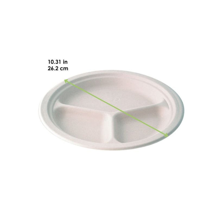 Assiette ronde blanche en pulpe sans PFAS à 3 compartiments - Ø 26,2 cm - dimensions