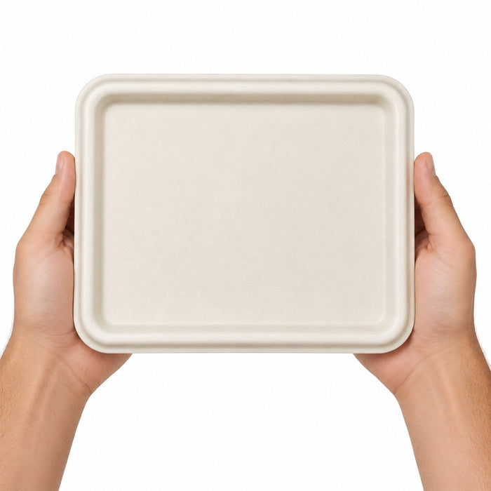 Couvercle en pulpe pour plateau repas 5 compartiments - 30 cm x 24,4 cm x 3,7 cm - Compatible avec 210APUBR5C - en main