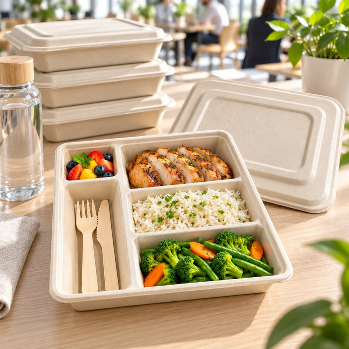 Couvercle en pulpe pour plateau repas 5 compartiments - 28,6 cm x 22,5 cm x 1,45 cm - ambiance