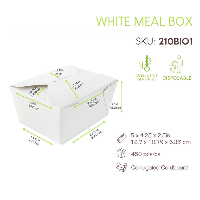 Boîte repas carton blanc - 750 ml - 13 cm x 10,5 cm x 6,5 cm - 25 unités