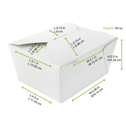 Boîte repas carton blanc - 750 ml - 13 cm x 10,5 cm x 6,5 cm - 25 unités