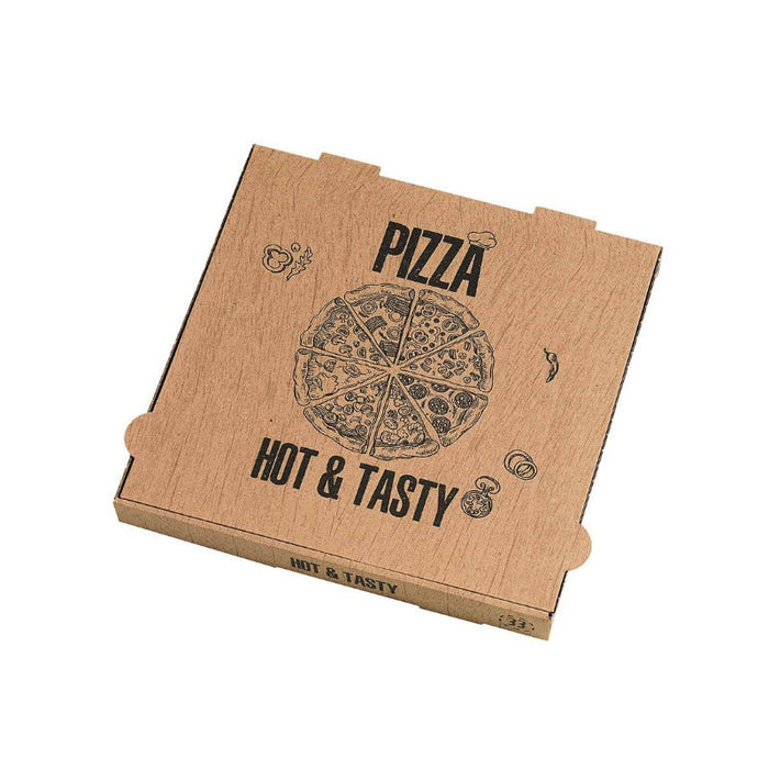 Boîte à pizza carton brun décor "Hot and Tasty" 31 cm x 31 cm H 4 cm - 100 unités
