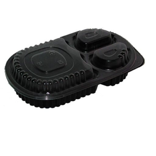 Boite repas plastique PP noire 3 compartiments 23,5 cm x 14,5 cm H 4 cm 780ml - 400 unités