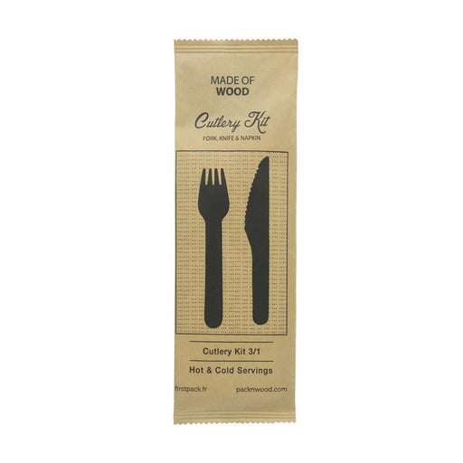 Kit couverts bois 3 / 1: couteau fourchette serviette, emballage kraft  16,5 cm - 50 unités