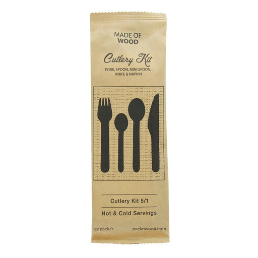 Kit couverts 16,5 cm bois 5 / 1: couteau fourchette petite&grande cuillère serviette, emballage kraft - 50 unités