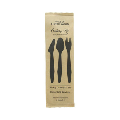 Hercule Kit couverts bois 3 / 1: couteau fourchette cuillère emballage kraft 18,5 cm - 50 unités