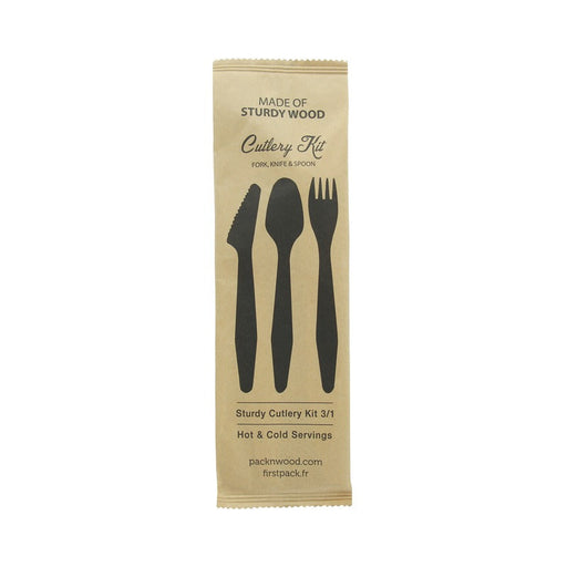 Hercule Kit couverts bois 3 / 1: couteau fourchette cuillère emballage kraft 18,5 cm - 50 unités