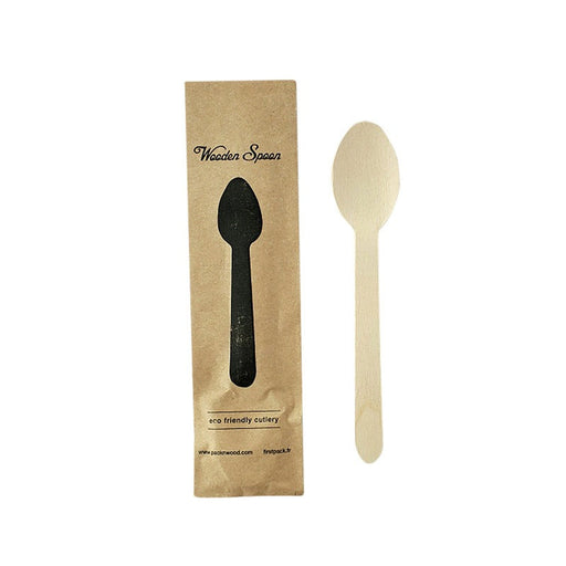 Cuillère 16 cm en bois emballage papier kraft - 50 unités
