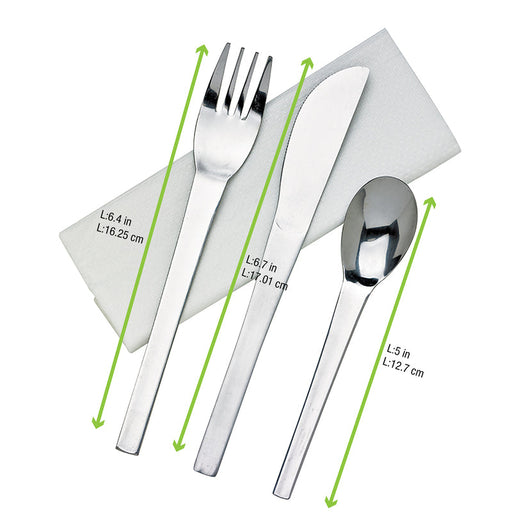 Kit couverts 16 cm en inox 4/1 : couteau fourchette cuillère serviette - 50 unités