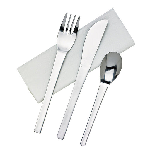 Kit couverts 16 cm en inox 4/1 : couteau fourchette cuillère serviette - 50 unités