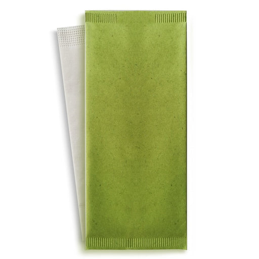 Pochette papier vert pour couverts avec serviette blanche 11 cm x 25 cm - 500 unités