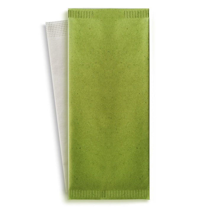Pochette papier vert pour couverts avec serviette blanche 11 cm x 25 cm - 500 unités