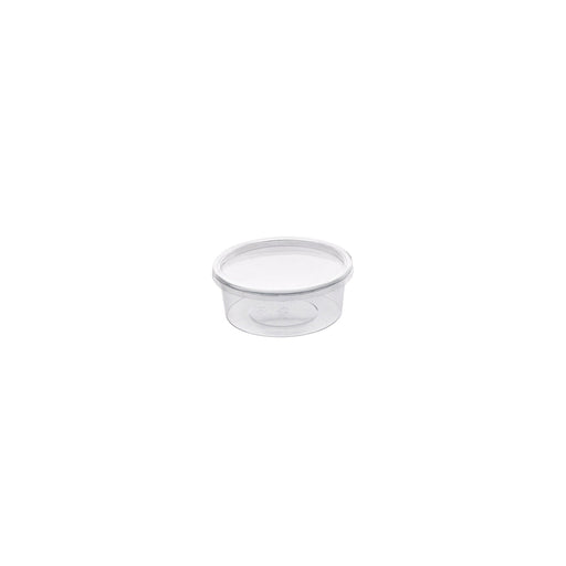 Pot Deli rond PET transparent avec couvercle rentrant 200 ml - Ø 10 cm - H 3,8 cm - 50 unités