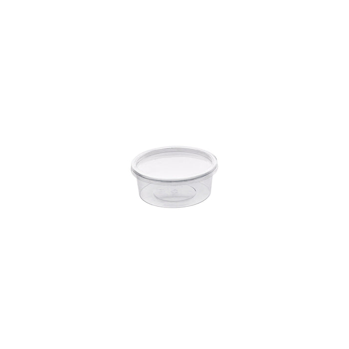 Pot Deli rond PET transparent avec couvercle rentrant 200 ml - Ø 10 cm - H 3,8 cm - 50 unités