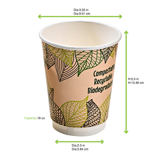 Gobelet carton double paroi PLA - 470 ml - Ø 9 cm - H 13,7 cm - 25 unités
