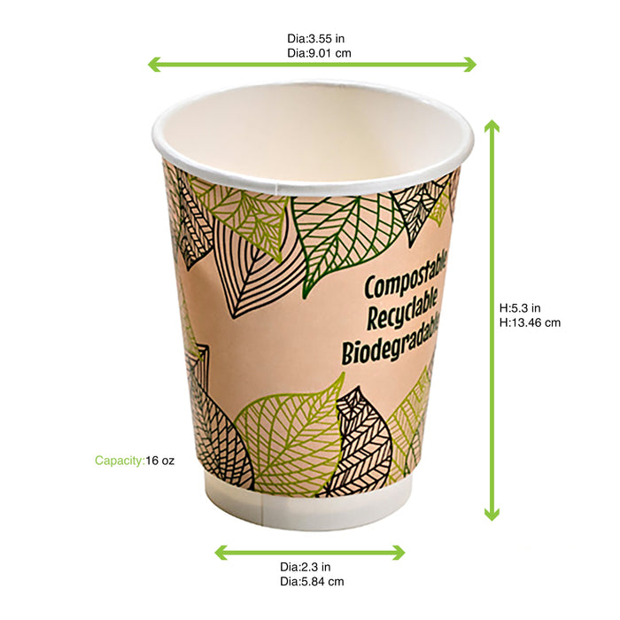 Gobelet carton double paroi PLA - 470 ml - Ø 9 cm - H 13,7 cm - 25 unités
