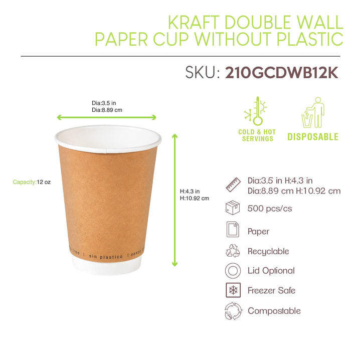 Gobelet carton double paroi kraft PLA - 340 ml - Ø 9 cm - H 11,2 cm - 25 unités