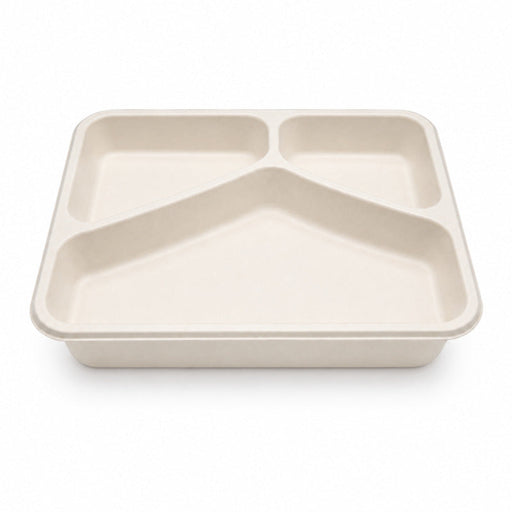 Barquette scellable blanche en pulpe laminée PLA "menu" à 3 compartiments - 890 ml - 22,7 cm x 17,8 cm x 4,5 cm - 50 unités