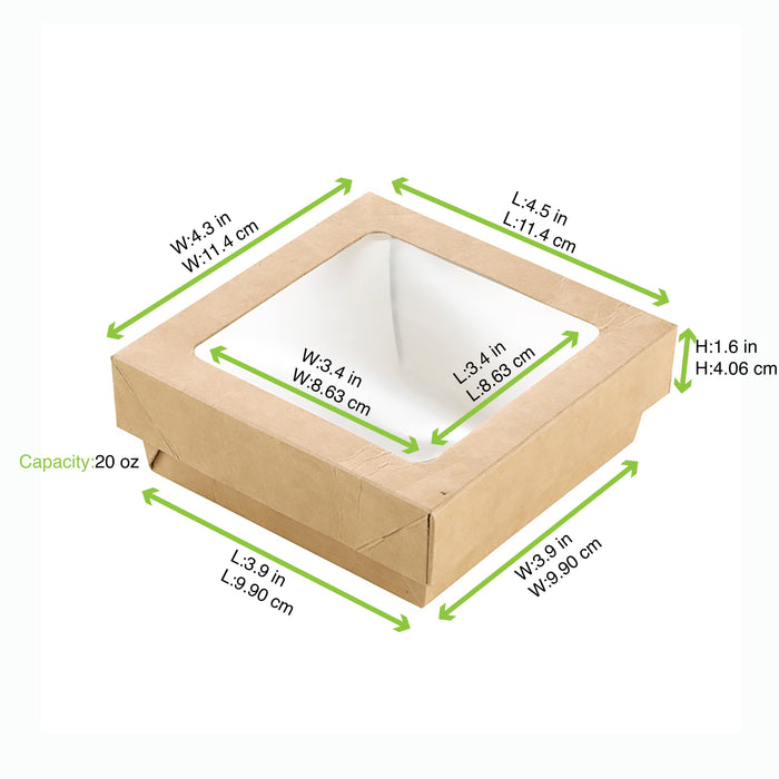 Boîte "Kray" carrée carton brun avec couvercle à fenêtre - 350 ml - 11,5 cm x 11,5 cm x 4 cm - 25 unités