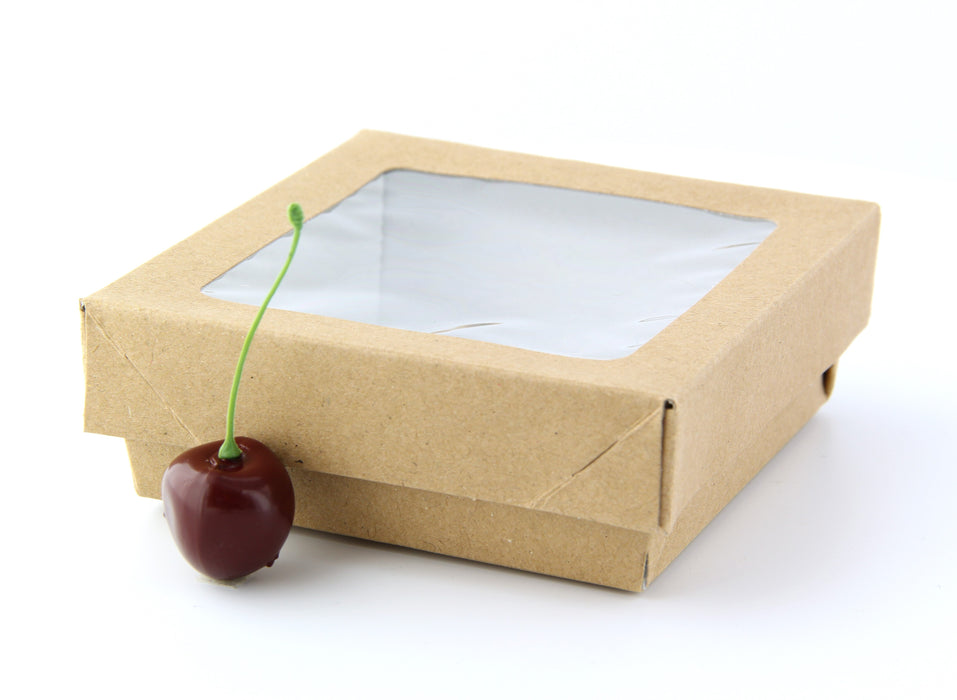Boîte "Kray" carrée carton brun avec couvercle à fenêtre - 350 ml - 11,5 cm x 11,5 cm x 4 cm - 25 unités