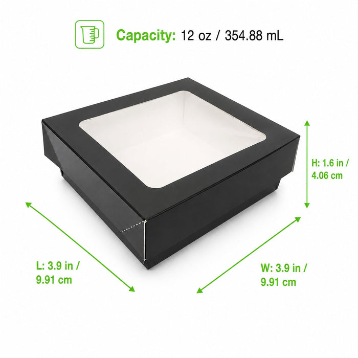 Boîte "Kray" carrée carton noir avec couvercle à fenêtre - 350 ml - 11,5 cm x 11,5 cm x 4 cm - dimensions