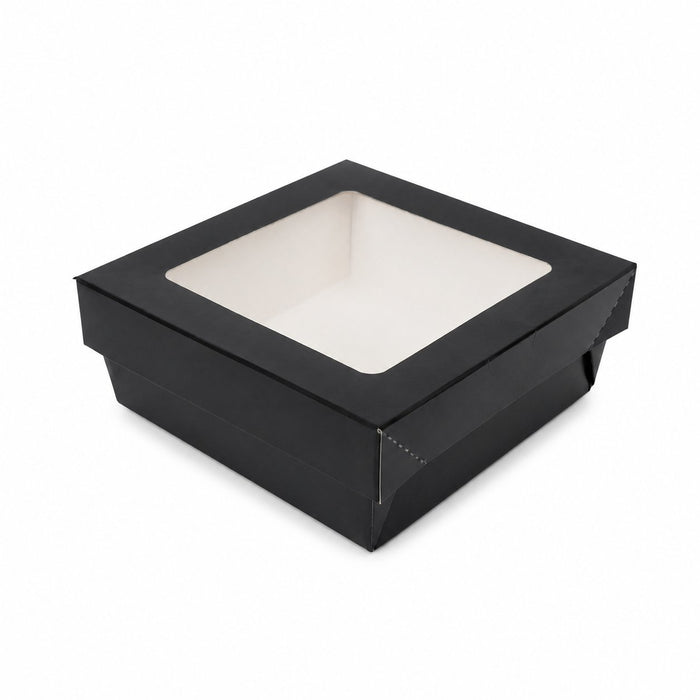 Boîte "Kray" carrée carton noir avec couvercle à fenêtre - 700 ml - 13,5 cm x 13,5 cm x 5 cm