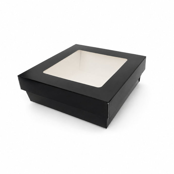 Boîte "Kray" carrée carton noir avec couvercle à fenêtre - 950 ml - 15,5 cm x 15,5 cm x 5,3 cm