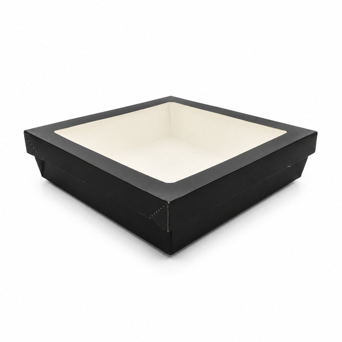 Boîte "Kray" carrée carton noir avec couvercle à fenêtre - 1550 ml - 20,5 cm x 20,5 cm x 5,5 cm