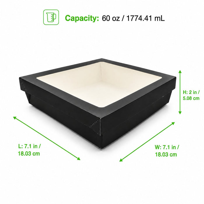 Boîte "Kray" carrée carton noir avec couvercle à fenêtre - 1550 ml - 20,5 cm x 20,5 cm x 5,5 cm - dimensions