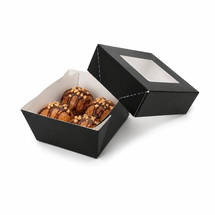 Boîte "Kray" carrée carton noir avec couvercle à fenêtre - 200 ml - 8,5 cm x 8,5 cm x 4 cm - en situation